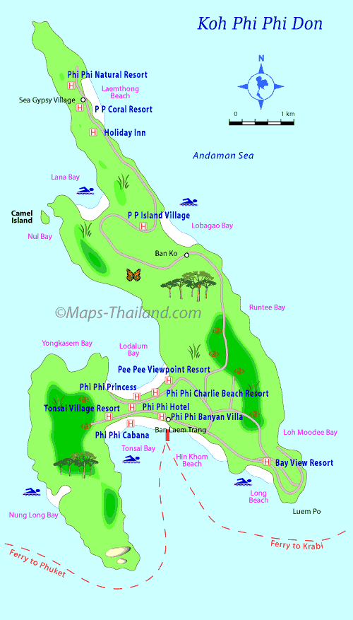 map of koh phi phi showing hotels and points of interest