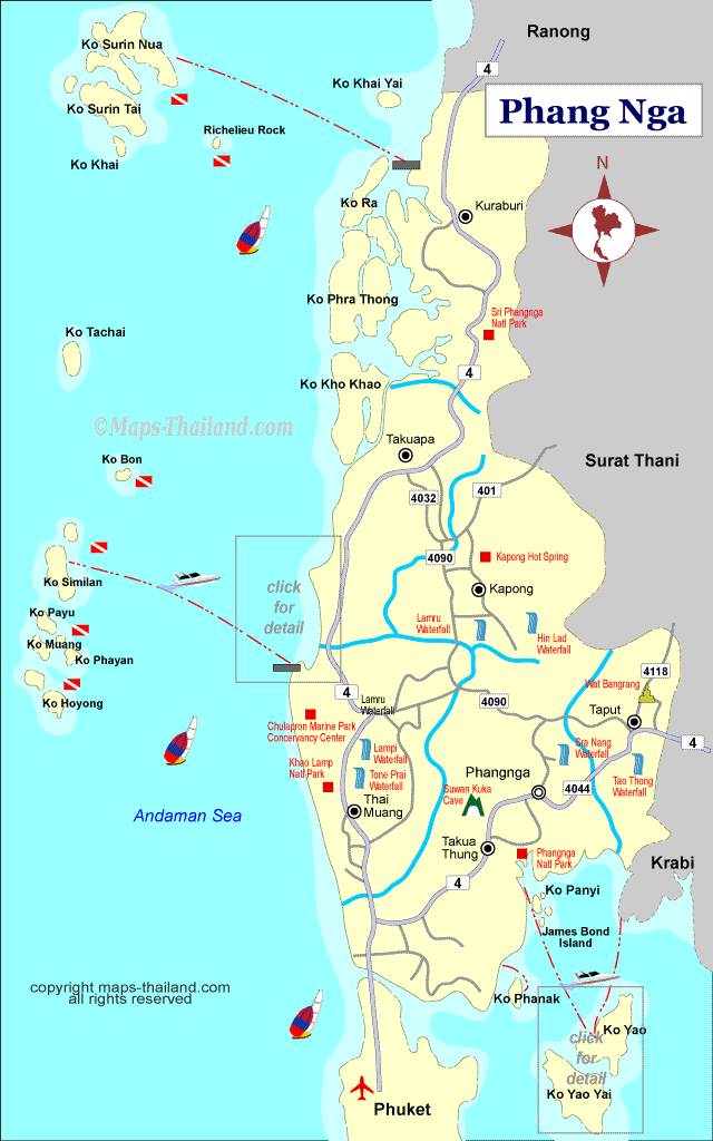 Travel map of Phang Nga Province in Southern Thailand