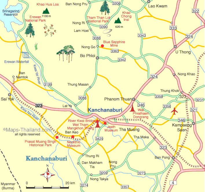 travel map of map of kanchanaburi area of thailand