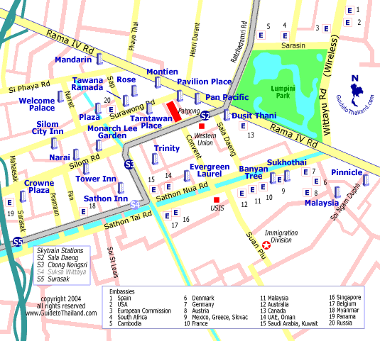 thailand hotel and travel map, silom road, surawong, sathon road